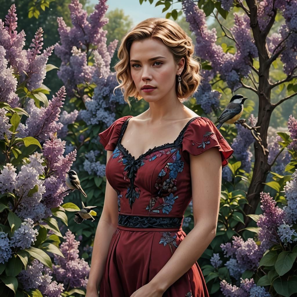 Woman with Chickadee and Lilacs, Hyperrealistic Image