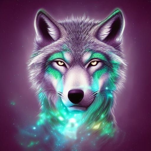 Fantasy Green and Blue Wolf Portrait