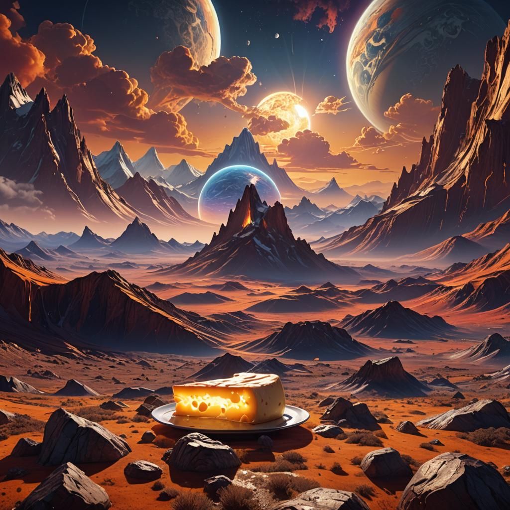 Cheese Planet Seen From Space in Sci-Fi Style