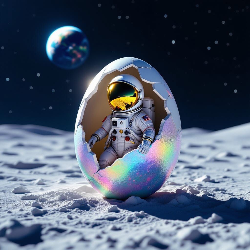 Tiny Astronaut Hatches From Cosmic Egg on Moon