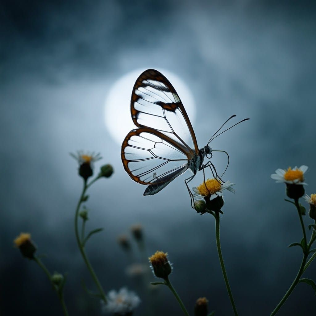 Iridescent Butterfly in Moonlit Meadow
