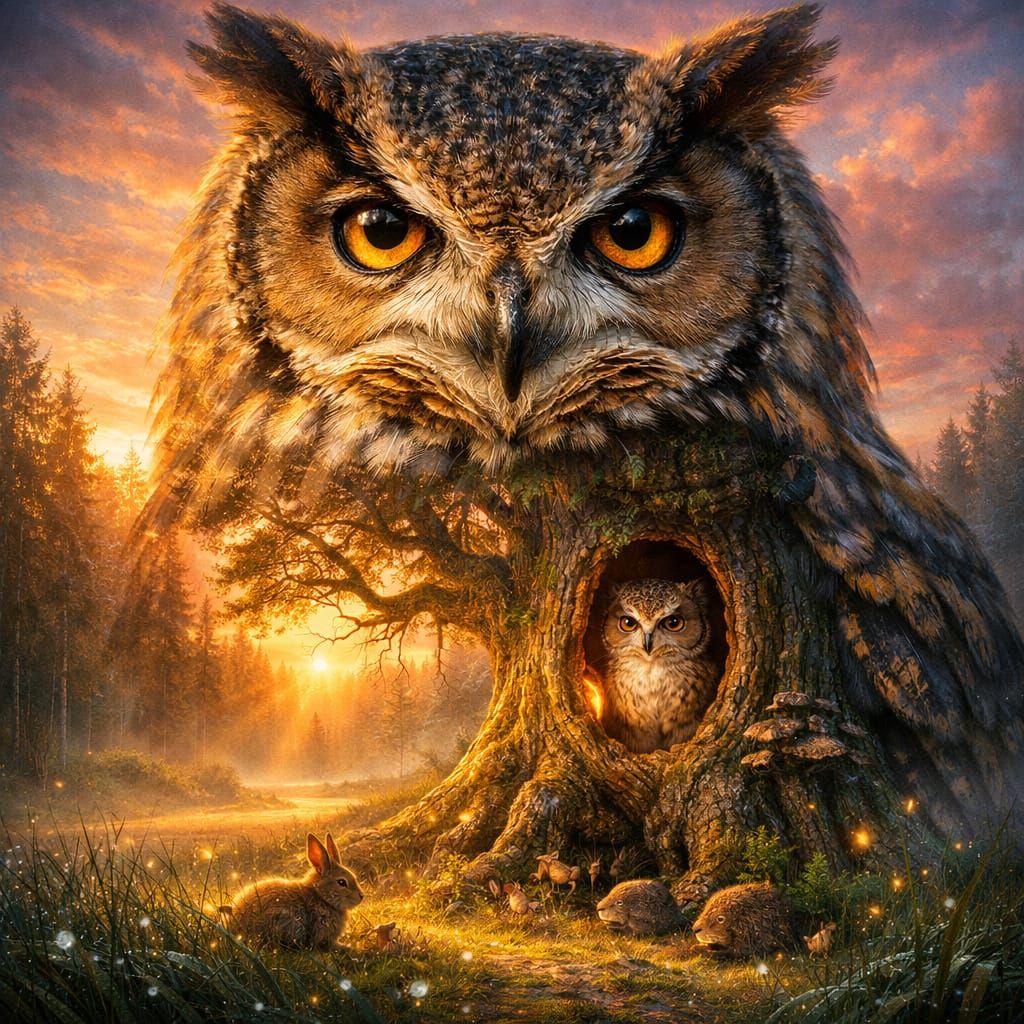 Surreal Owl Painting at Dawn in Pastel Hues