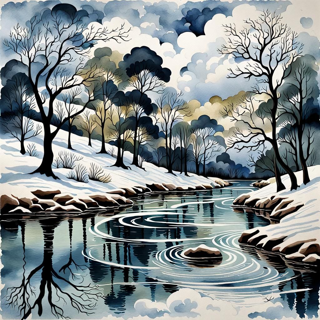 Dramatic Riverside Landscape in Digital Watercolor