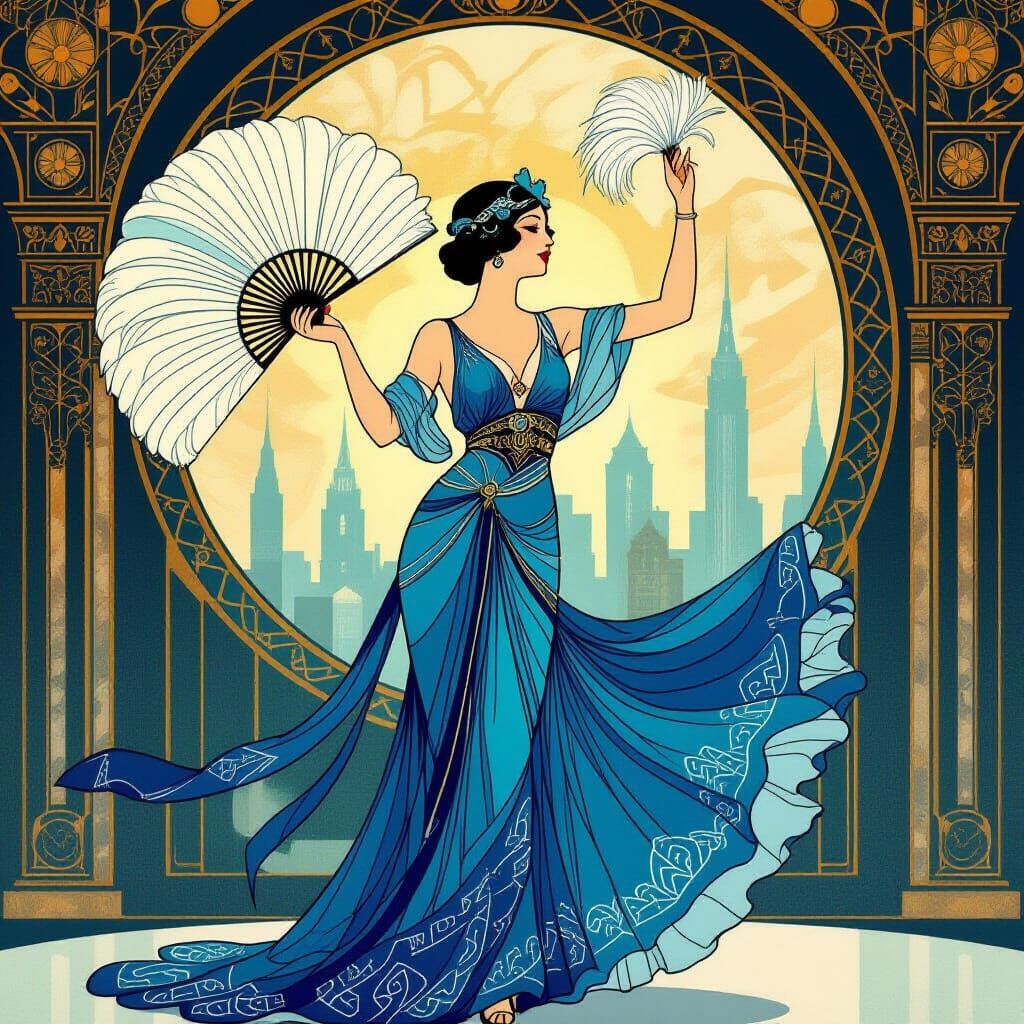 Art Deco Dancer on Stage in Alphonse Mucha Style