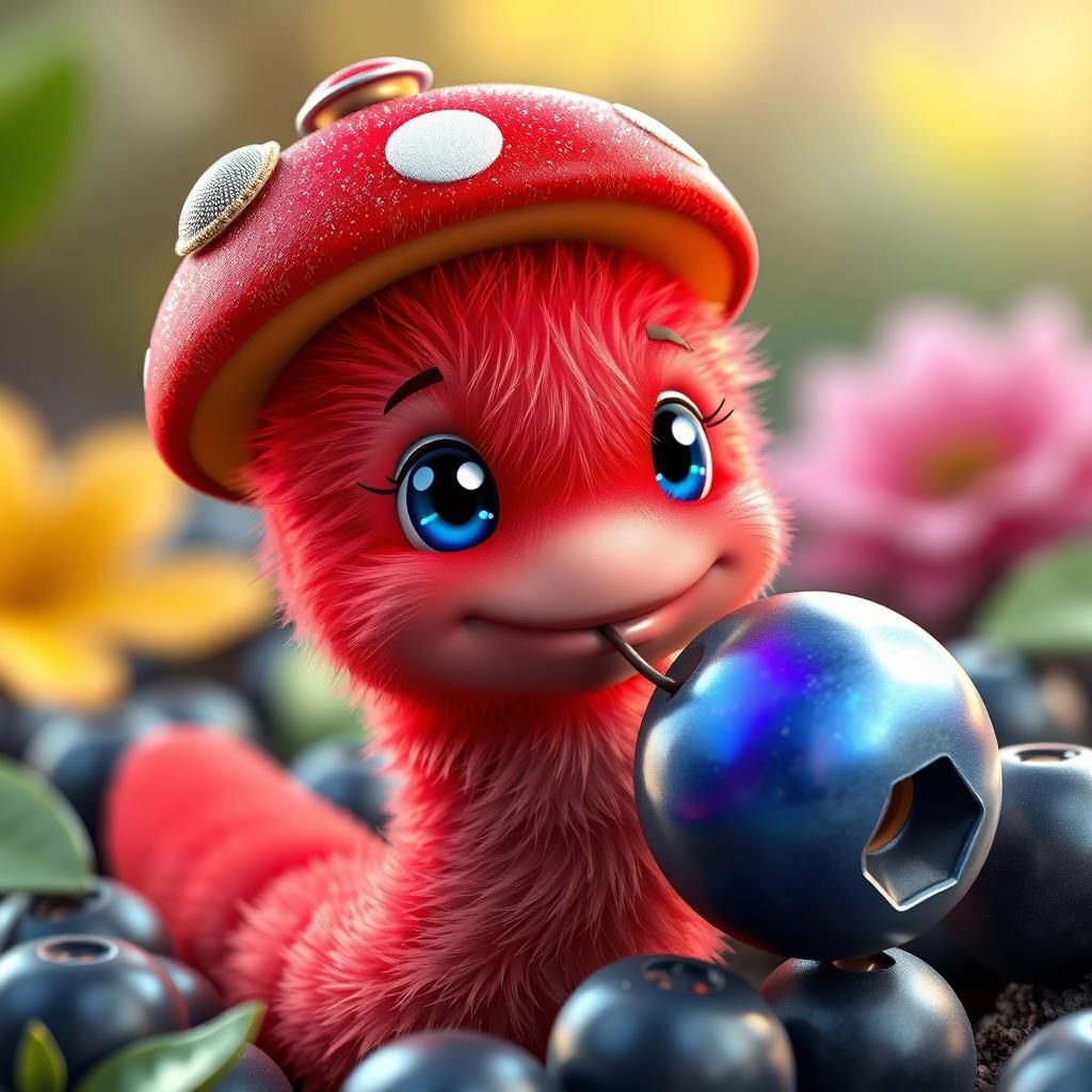 Red Worm with Mushroom Hat, in Anime Style