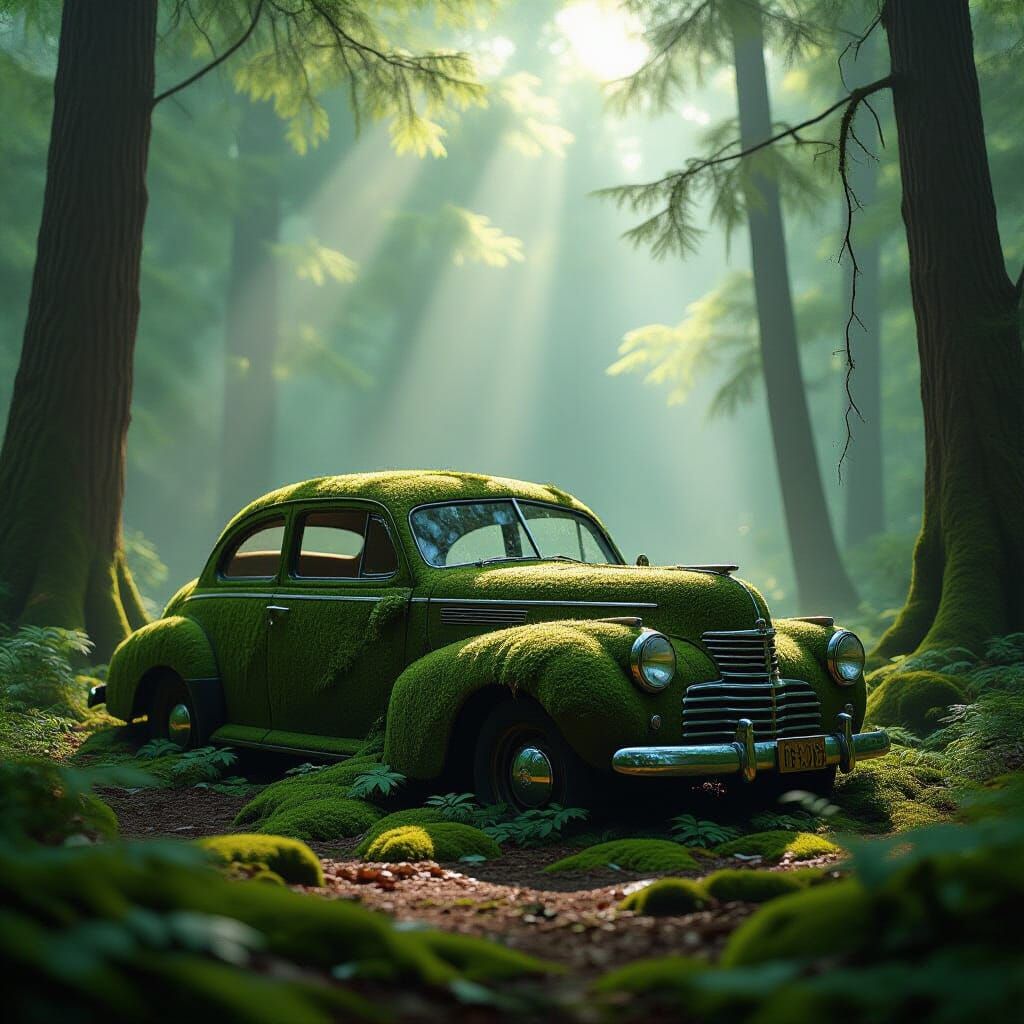 Abandoned Car Overgrown in Misty Forest, Ukiyo-e Style