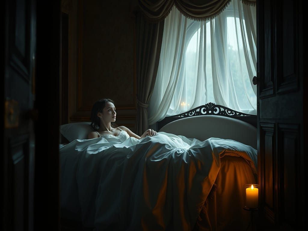 Surreal Mysterious Woman Lost in Thought in a Golden Hued Be...