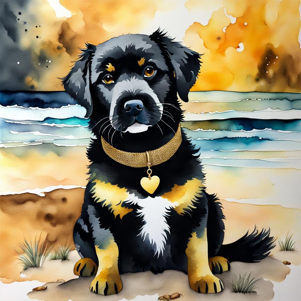 Cute Dog on Beach in Watercolor and Ink
