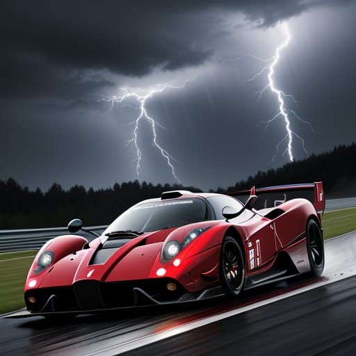 Red Pagani Zonda Races on Stormy Track
