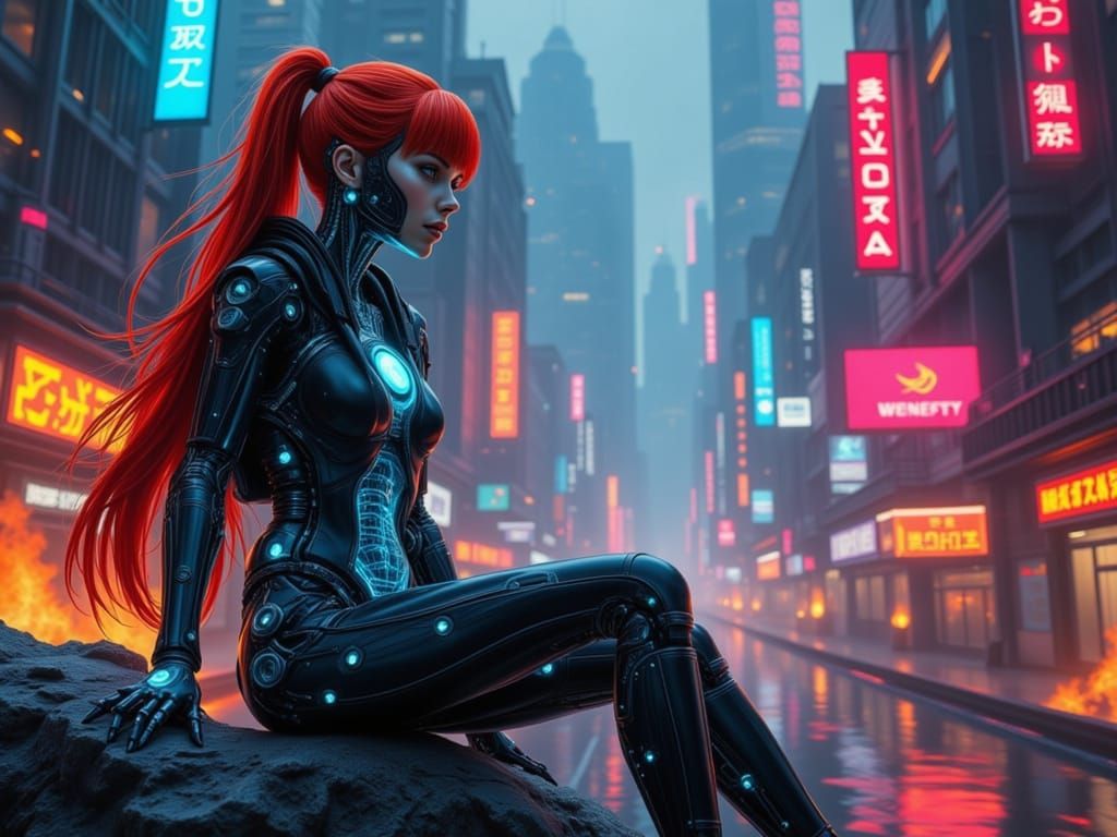 Cyberpunk Woman with Glowing Blue Eye in Dystopian City