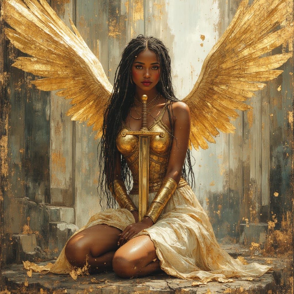 African Goddess Kneels in Cyberpunk City