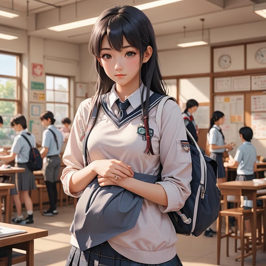 Pregnant Teen in Anime Style School Uniform