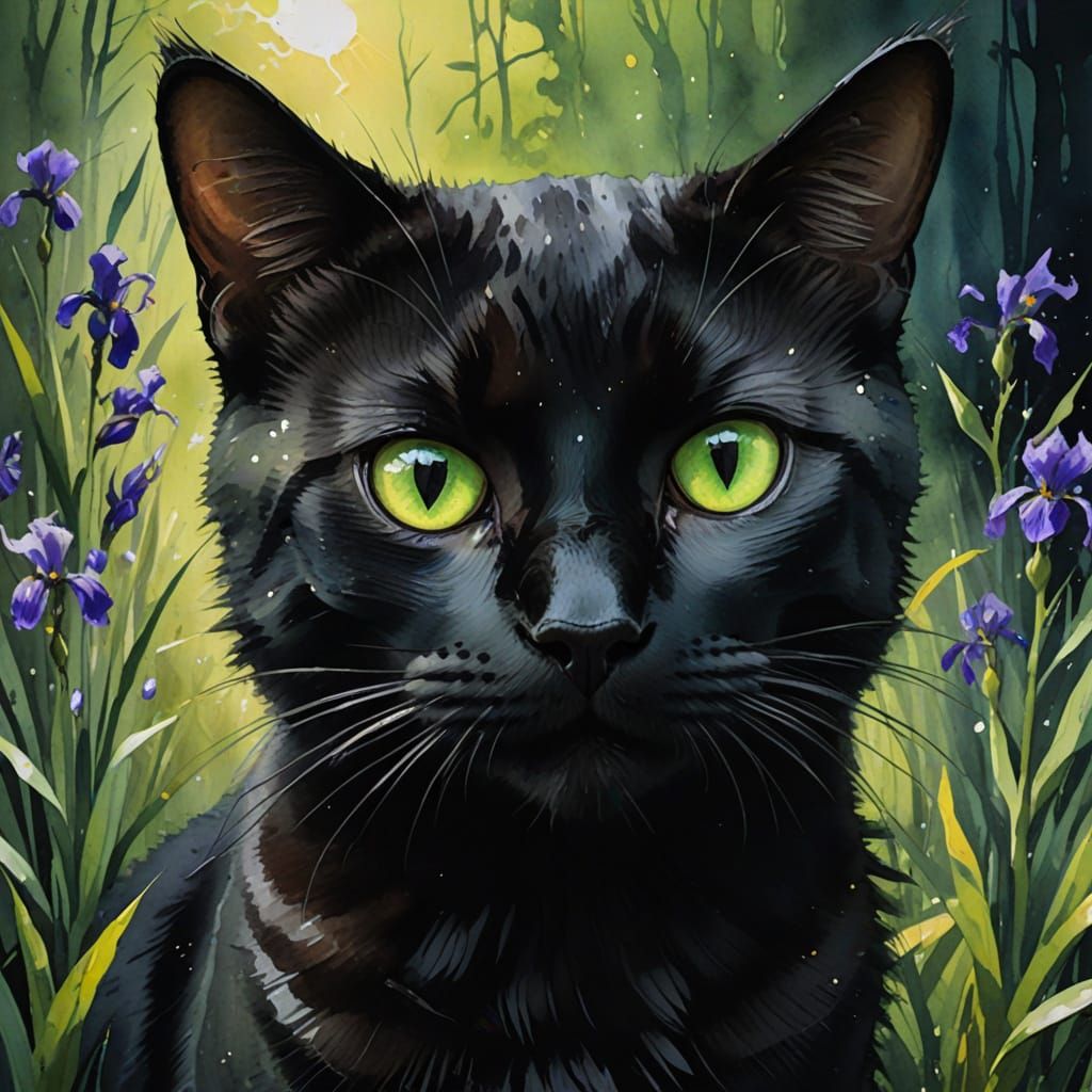 Mysterious Gouache Watercolor Portrait of a Black Cat