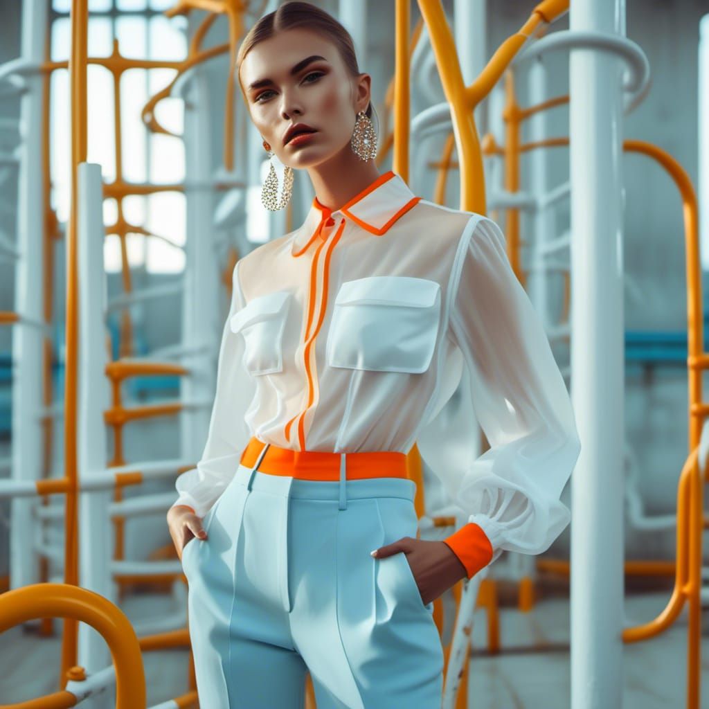 Model in Organza Shirt and Blue Pants