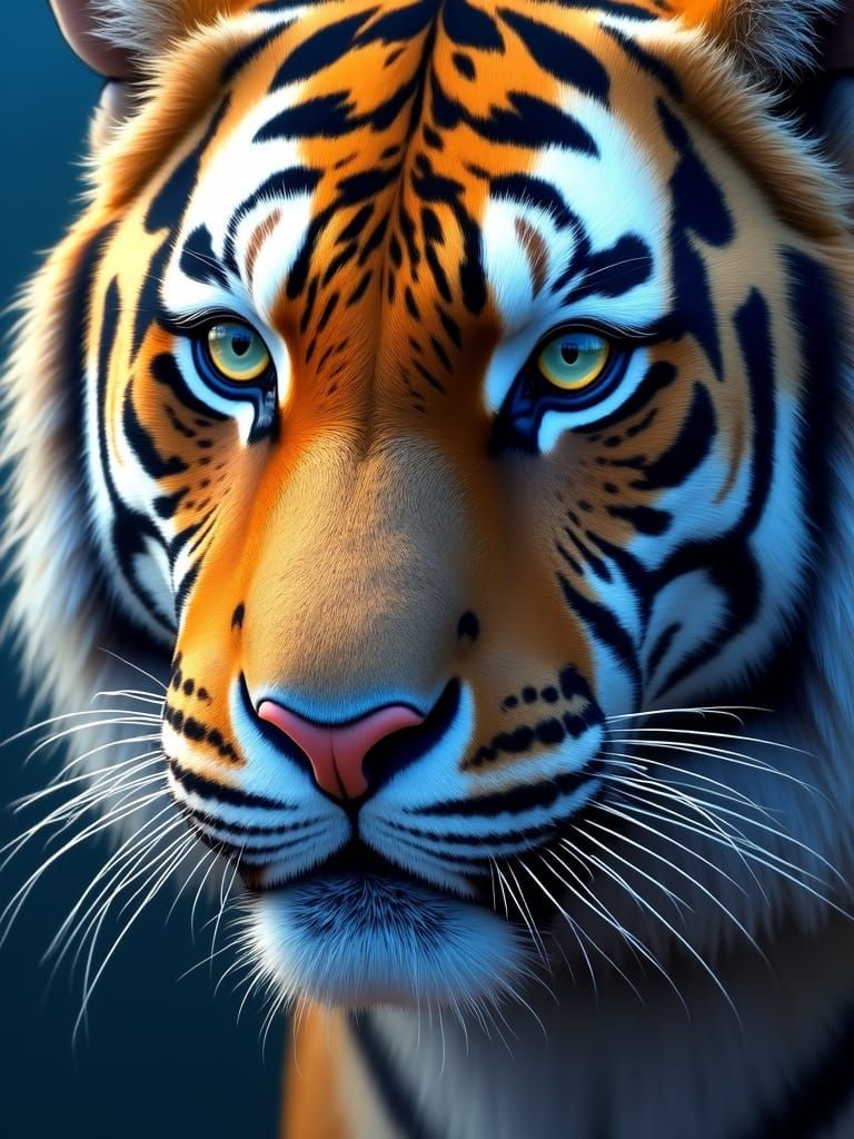Ultrarealistic Tiger Portrait in Vibrant Blue and Silver Str...