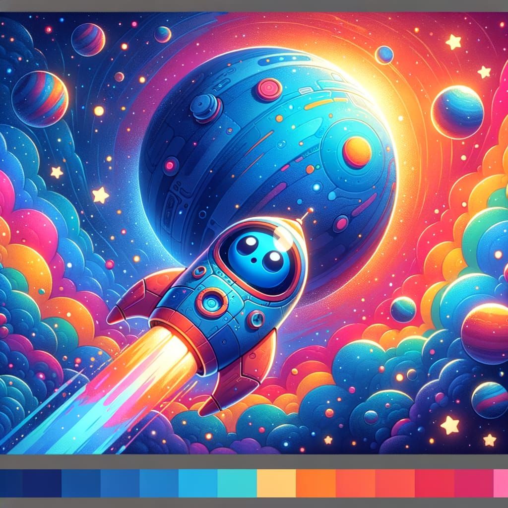 Blue Robot Approaches Rainbow Planet in Cartoon Style