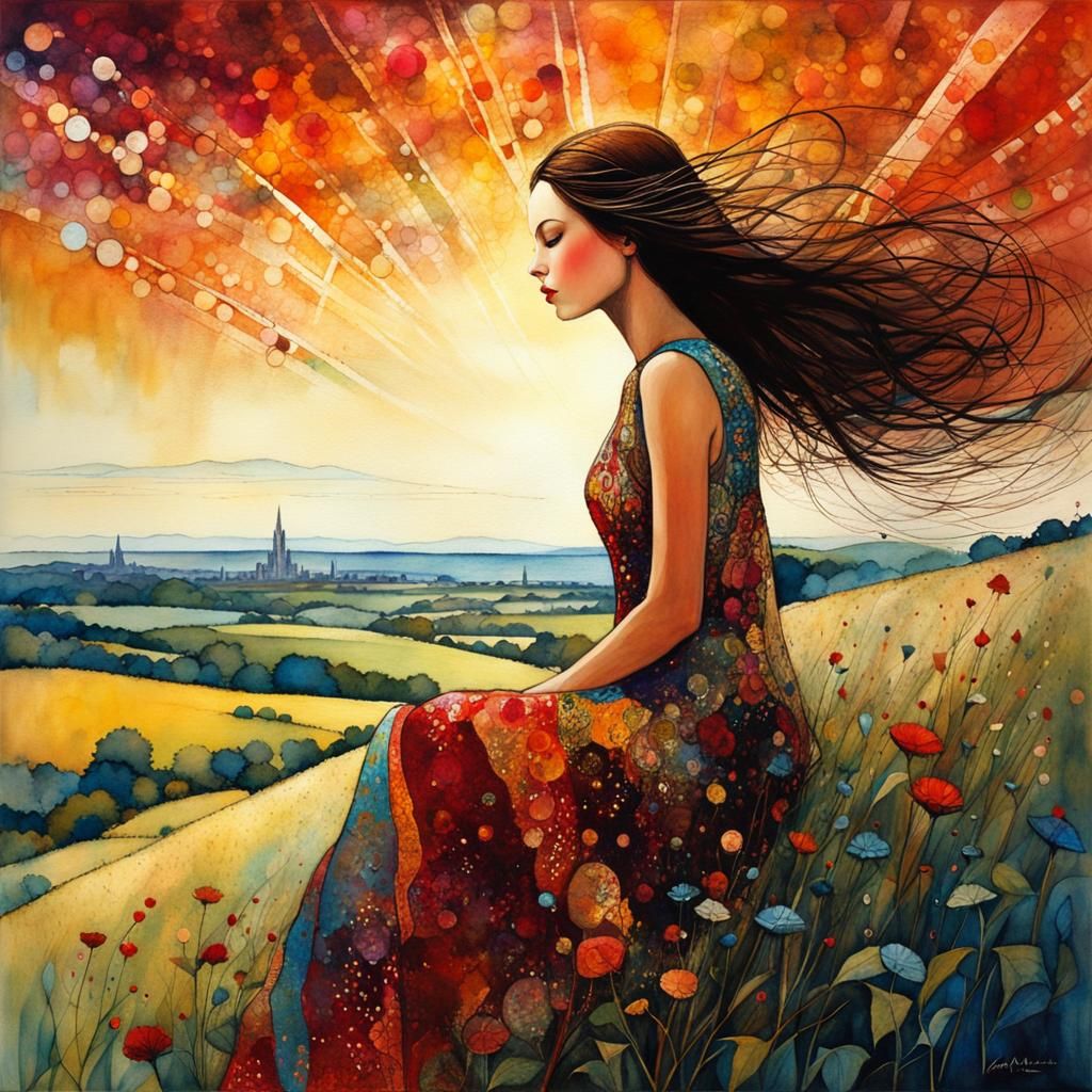 Girl on Windy Hill: Art Brut Digital Illustration