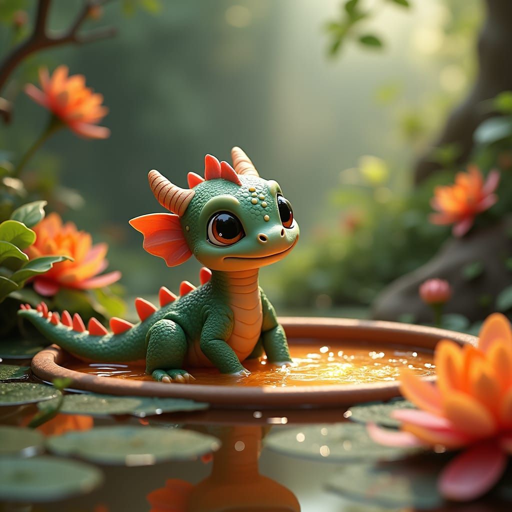 Enchanting Baby Dragon Beside Soup Pond
