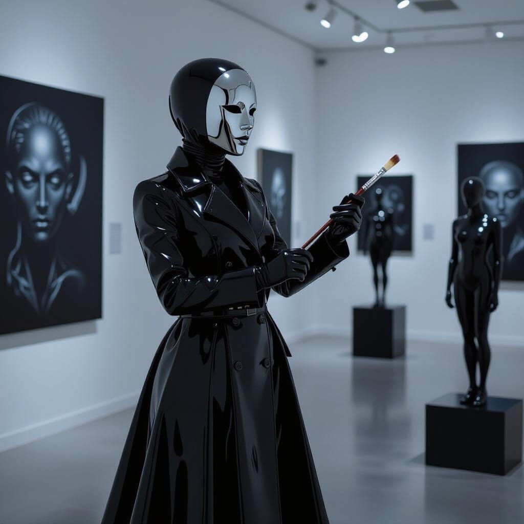 Chrome Masked Figure in Dark Biomechanical Gallery