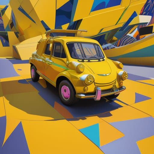 Vibrant Cubist Car in Yellow Shiny Candy Paint