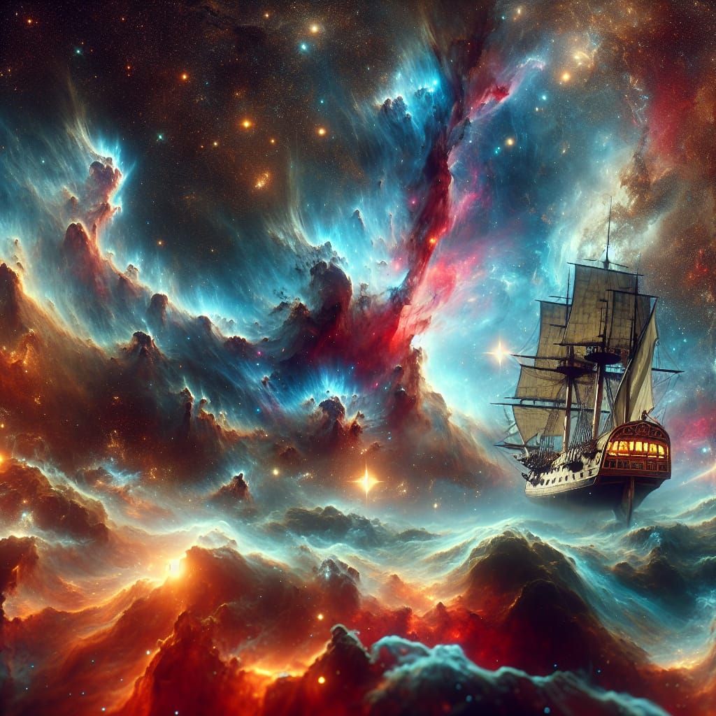 Pirate Ship Sails Nebula in Space, Digital Matte Painting
