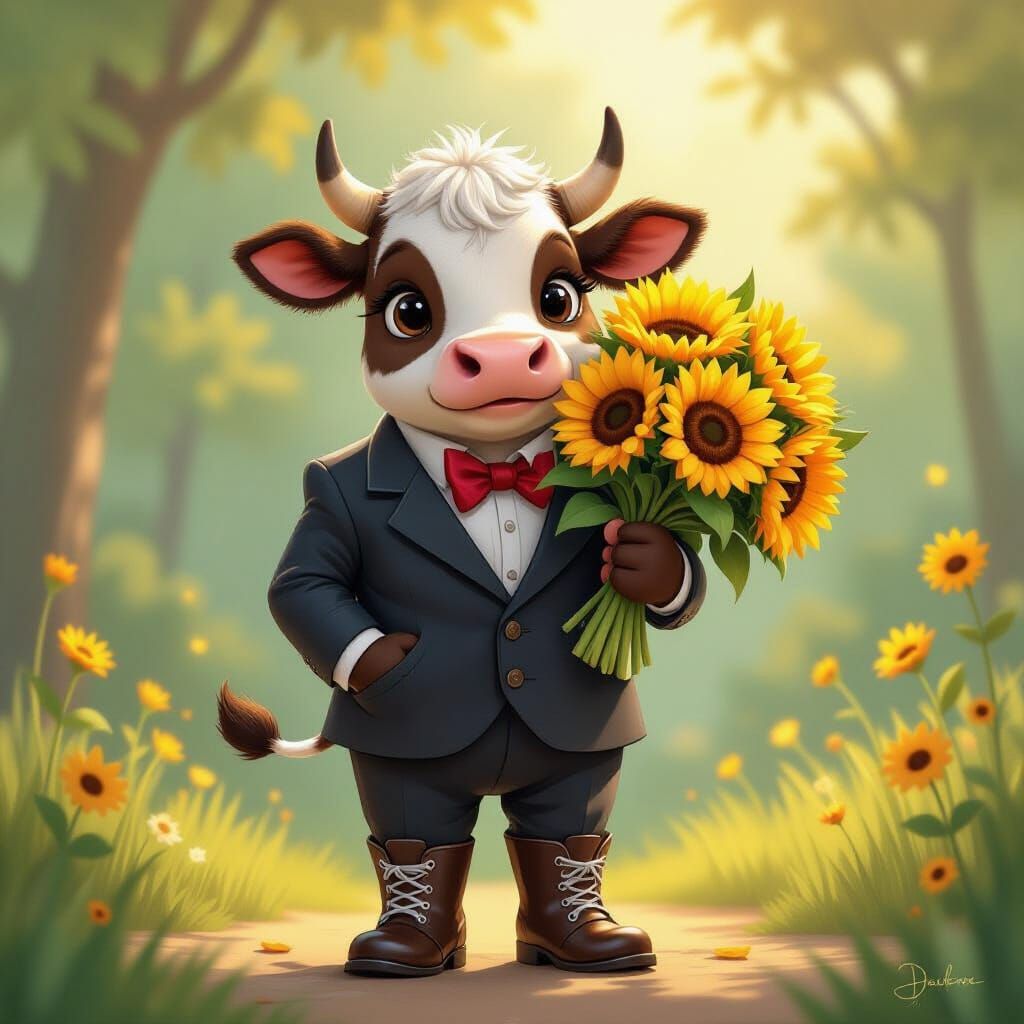 Cow in Suit and Boots with Sunflowers