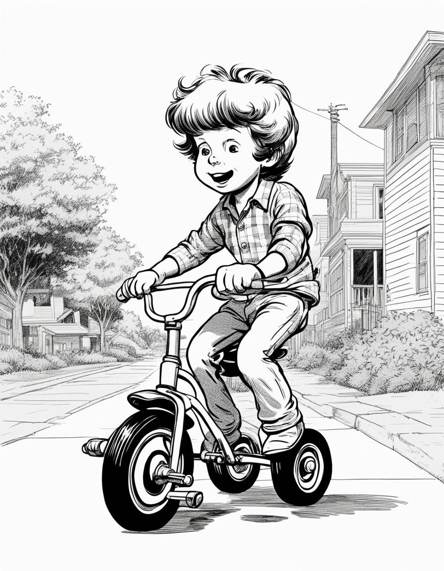 Boy on Tricycle in 70's Comic Style