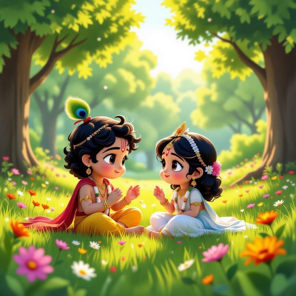 Krishna and Radha Childhood Meadow Scene in 3D Style