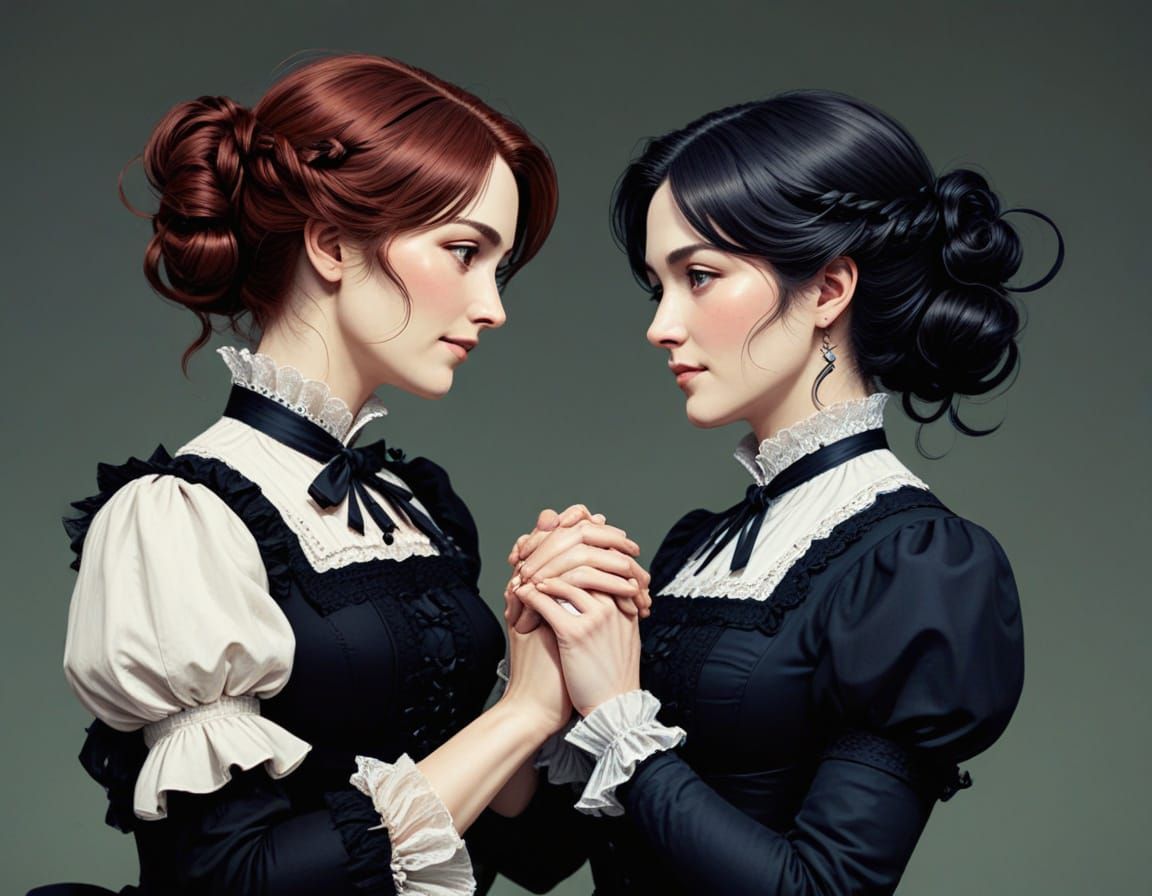 Victorian Women Holding Hands in Anime Style