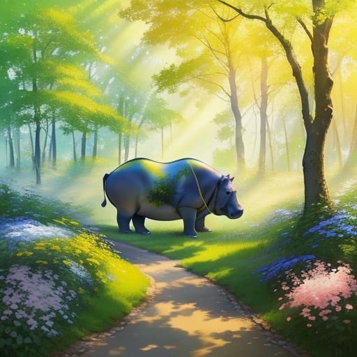 Joyful Hippo in Impressionist Forest Landscape