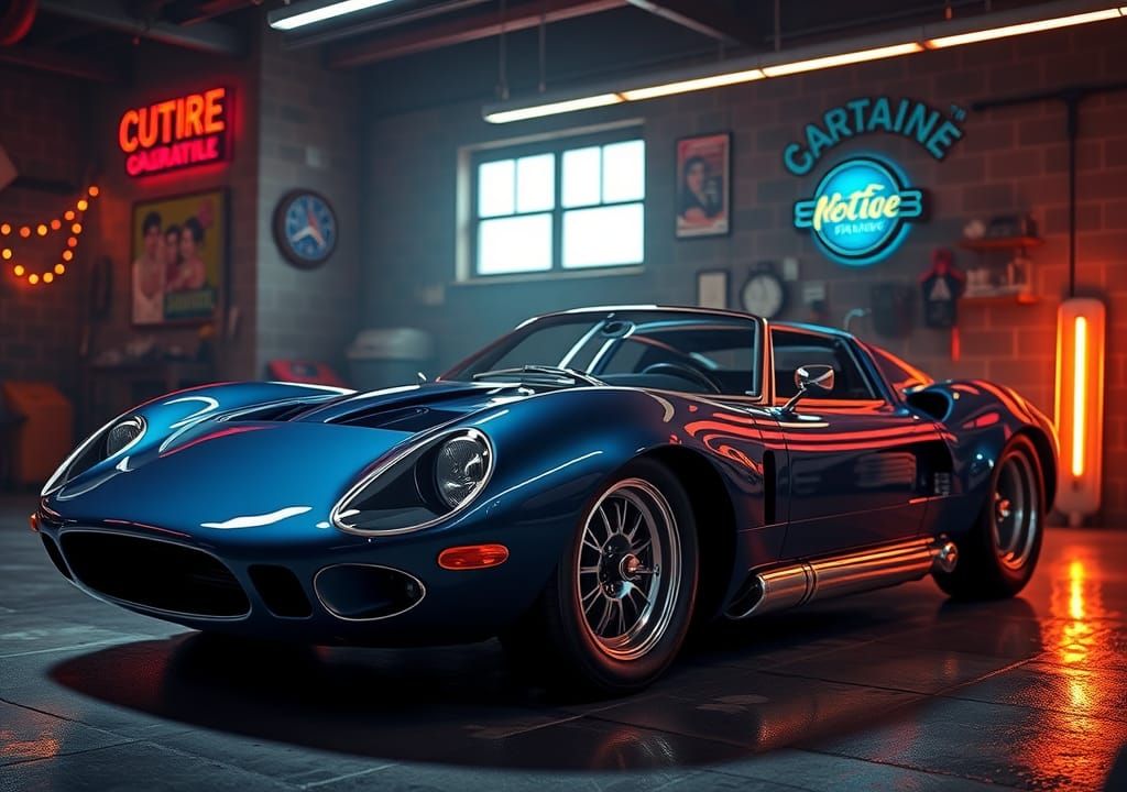 Retro-Futuristic Sports Car in Nostalgic Garage