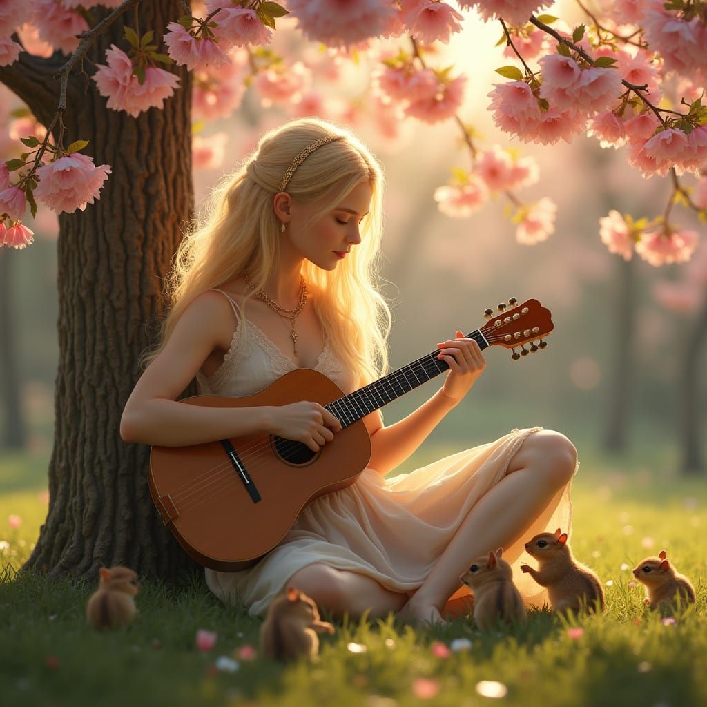 Elven Woman Plays Mandolin Under Cherry Blossoms