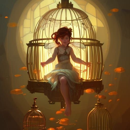 Steampunk Fairy in Golden Cage Illustration