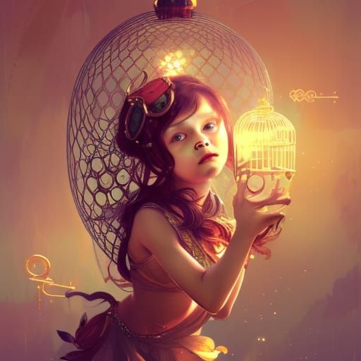 Fairy in Steampunk Cage, Detailed Illustration
