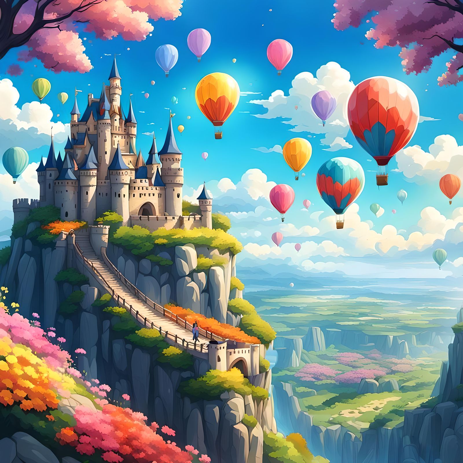 Fantasy Castle with Balloons in Anime Style