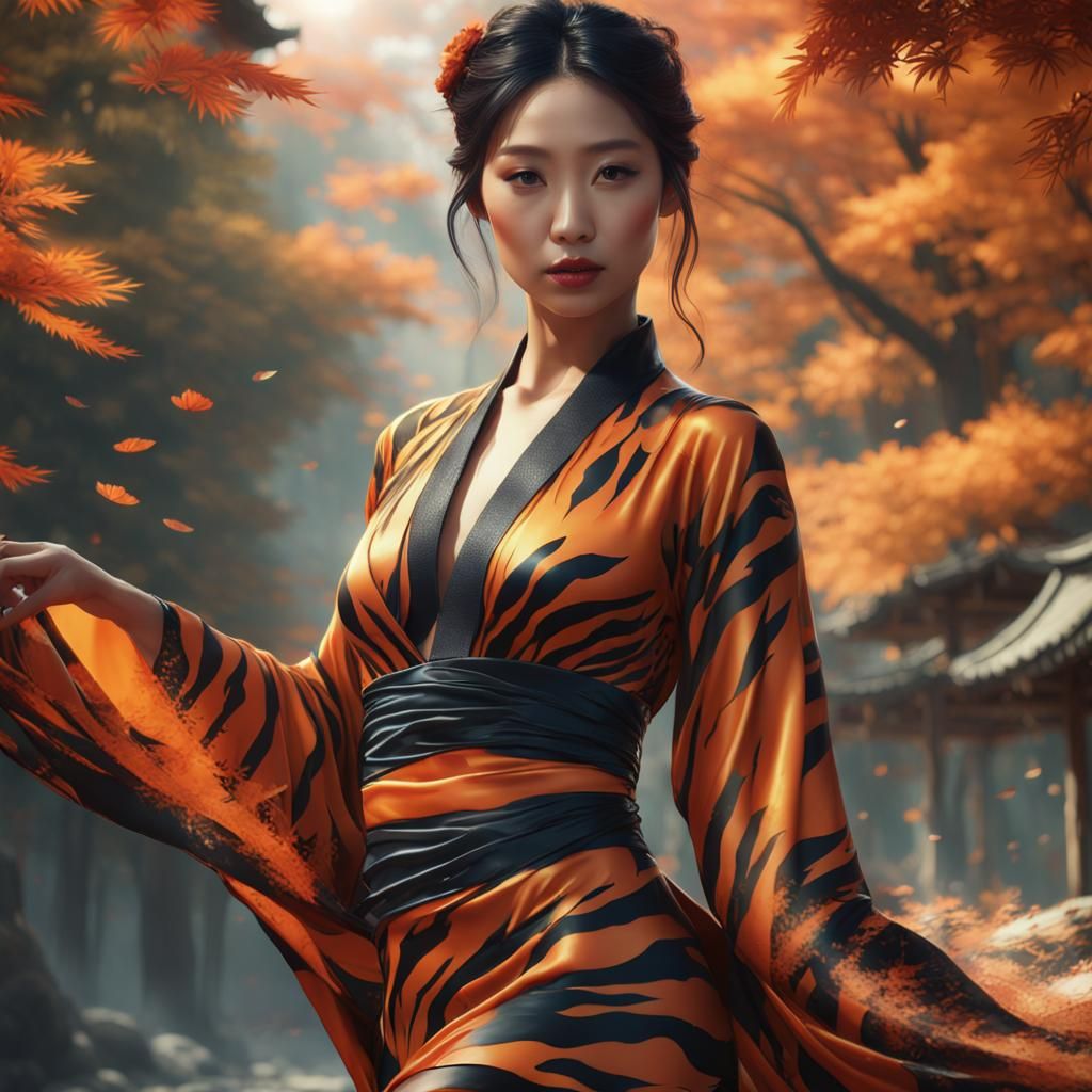 Asian Woman in Flowing Tiger Robe, Digital Painting