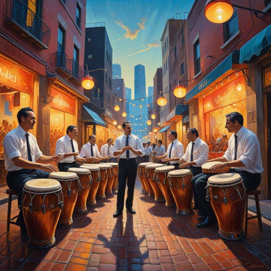 Surreal Percussion Street Festival in Oil Painting Style