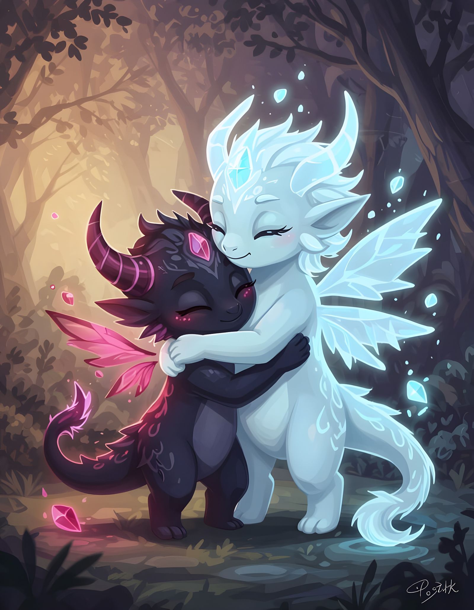 Adorable Light and Dark Elementals Embrace in Fantasy