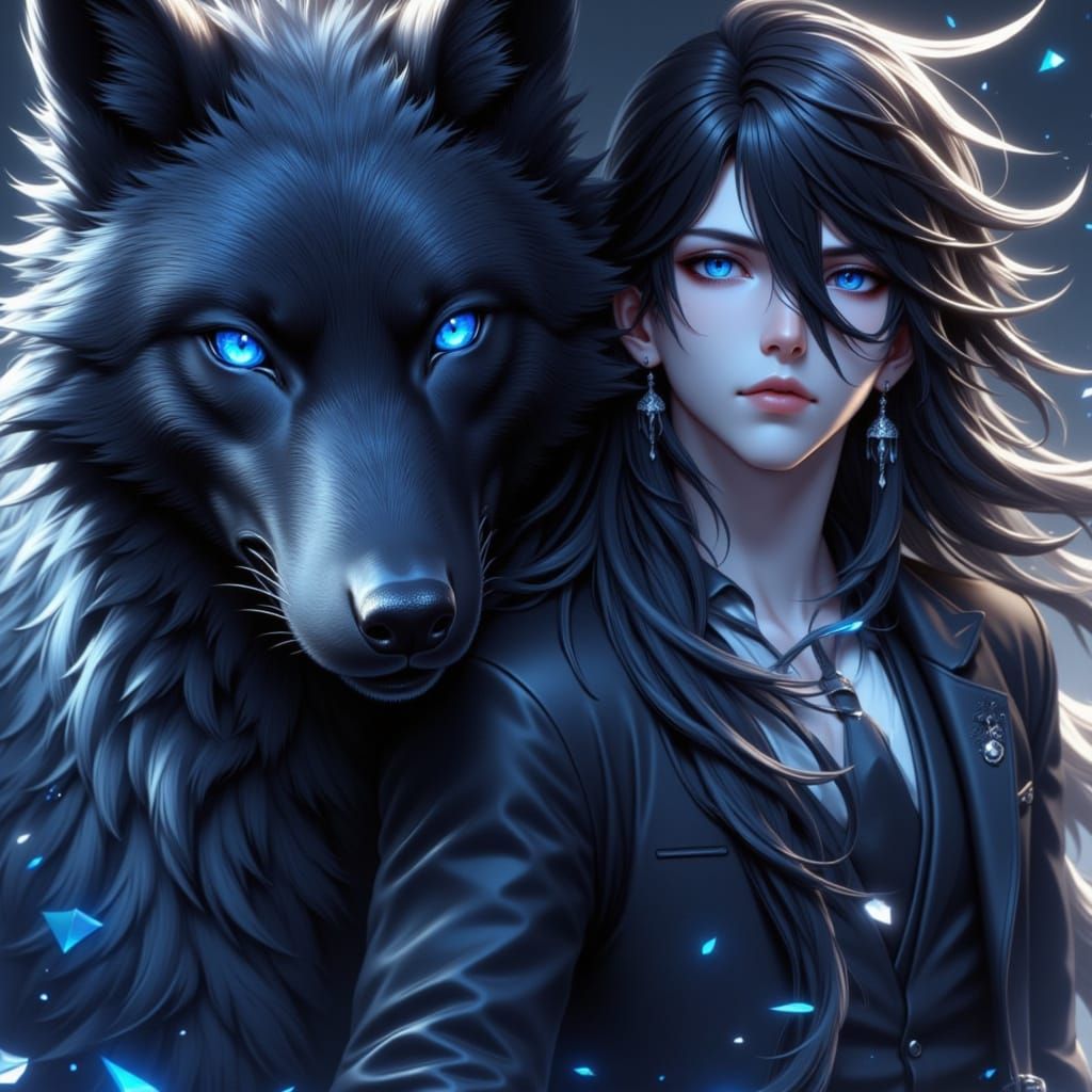 Anime Male with Wolf in Detailed 3D Style