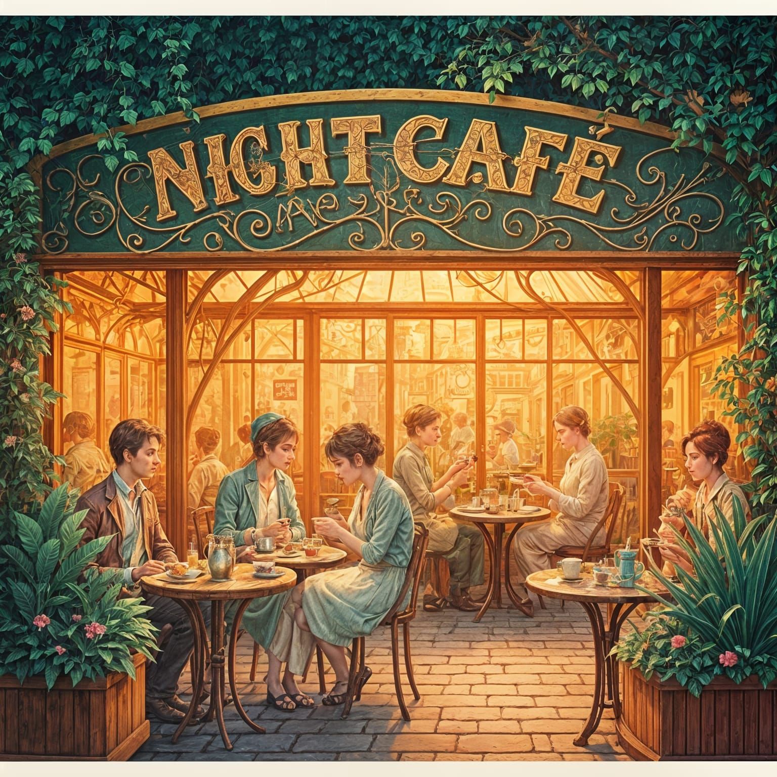 Charming Vintage Watercolor Cafe Poster with Retro Sign