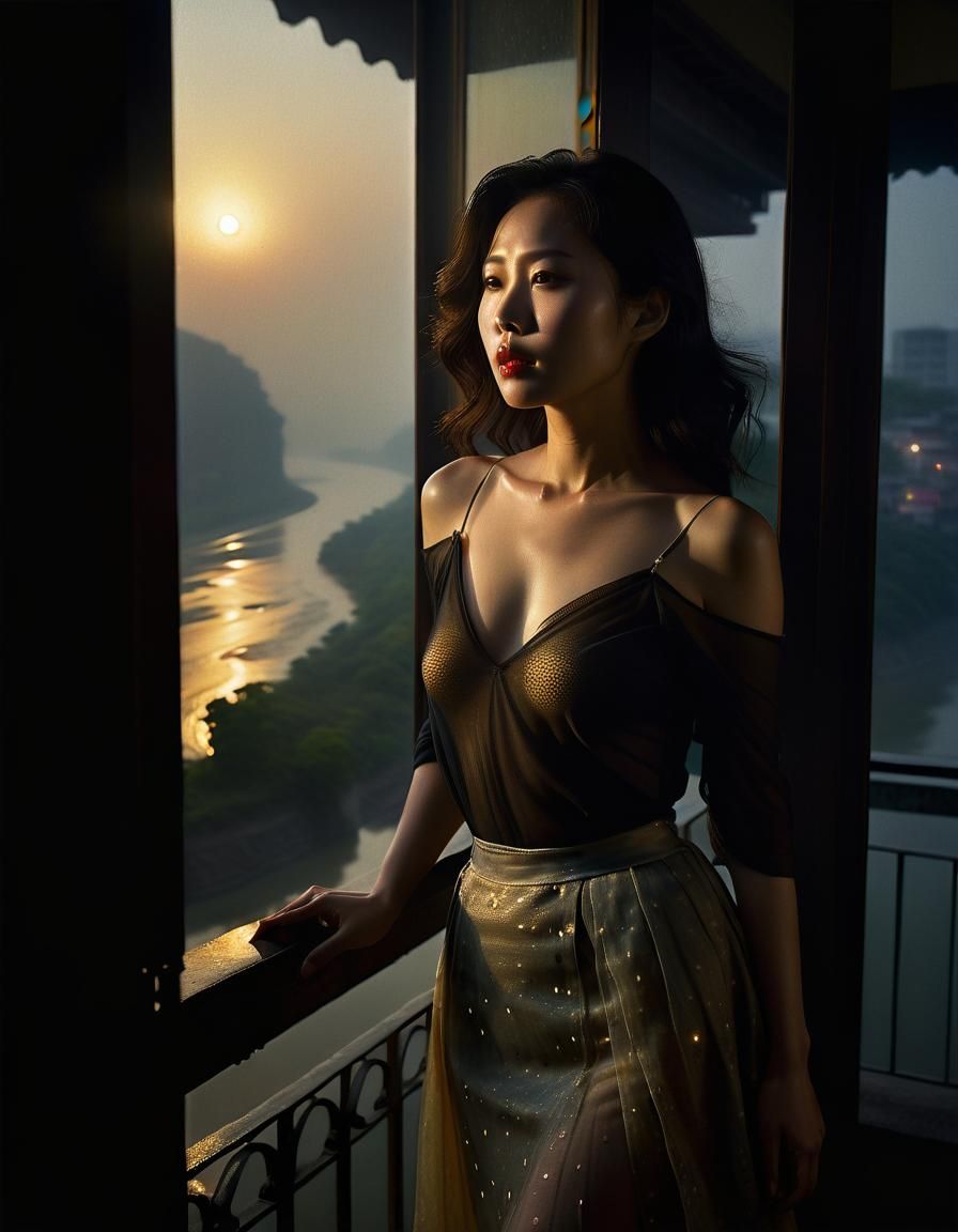 Korean Woman on Misty Balcony in Chiaroscuro Style
