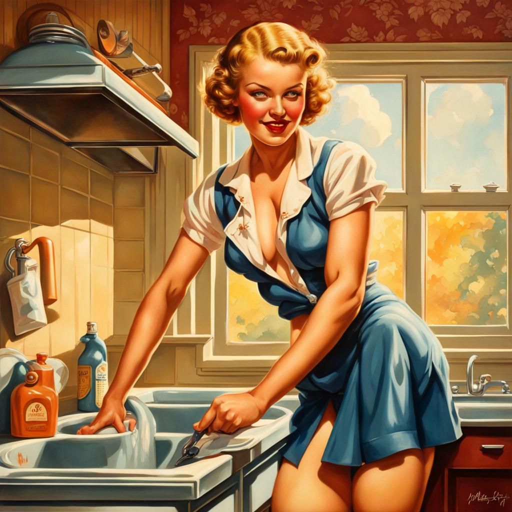 1930s Pin-Up Housewife in Hyperrealistic Splash Art