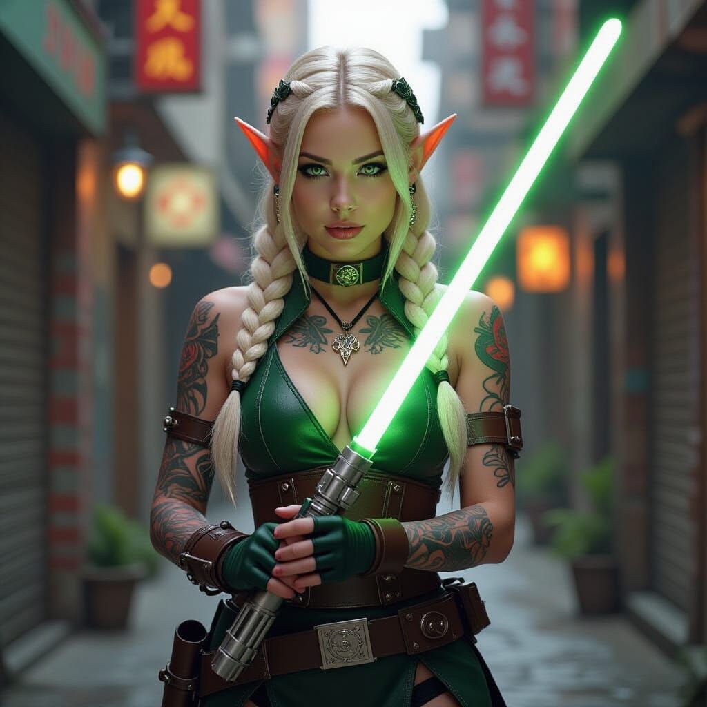 Steampunk Elf Knight with Green Lightsaber