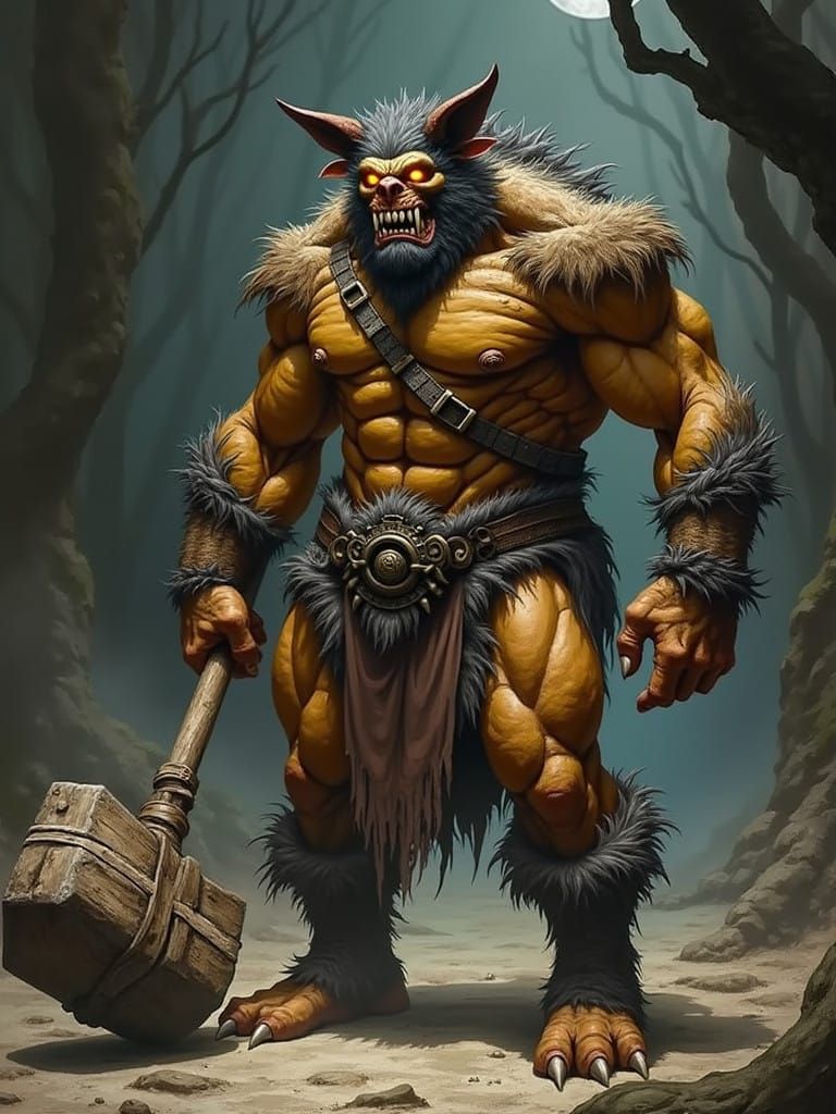 Grim Dark Fantasy Orc Werewolf Emerges from Moonlit Shadows