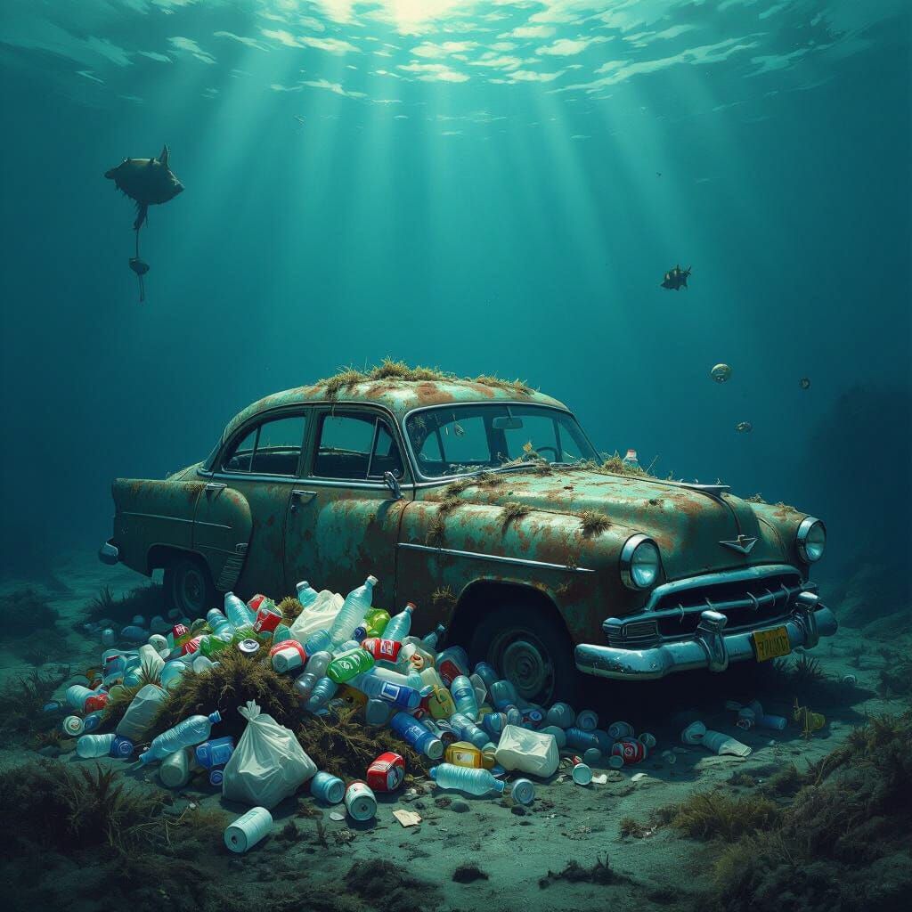 Rusty Car Collects Ocean Trash in Deep Sea Illustration