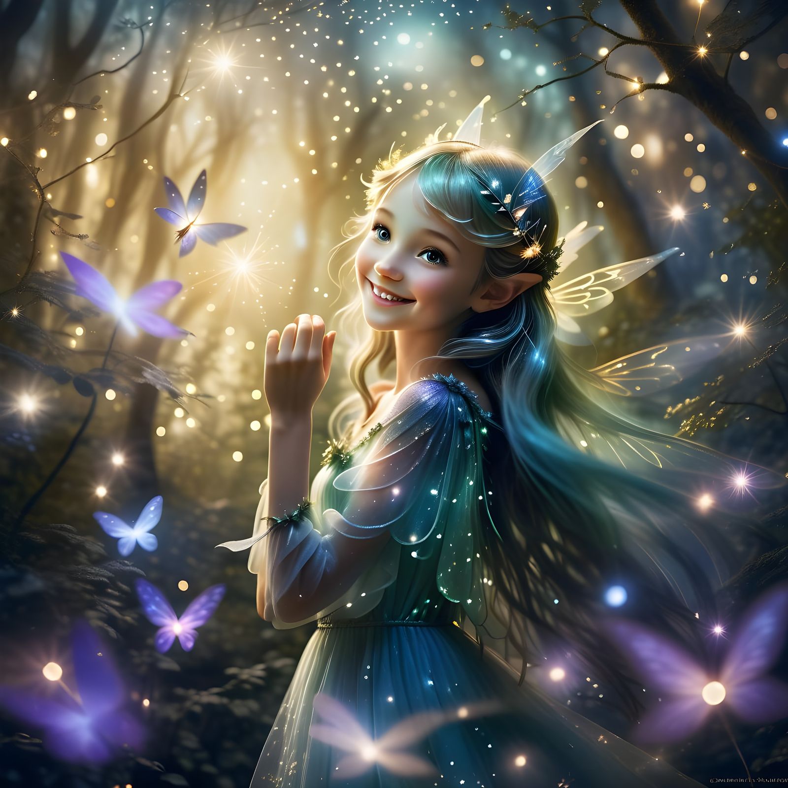 Smiling Fairy in Magical Forest at Night