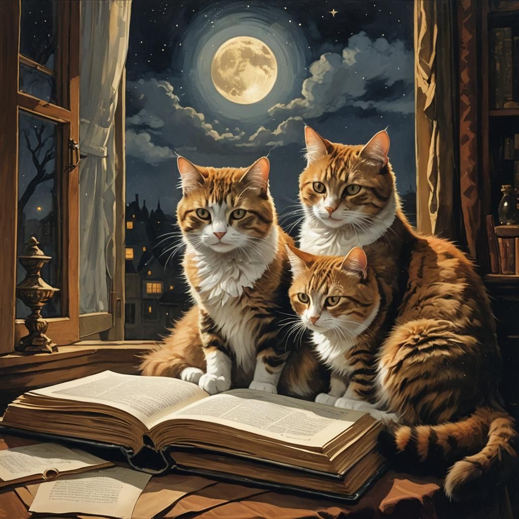 Moonlit Cats Reading: Oil Painting in Golden Light