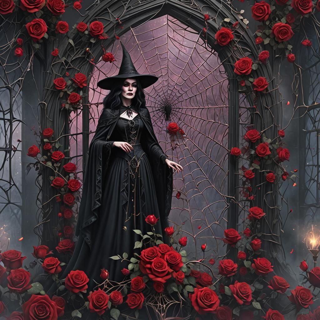 Gothic Witch Casting Spell with Crimson Roses