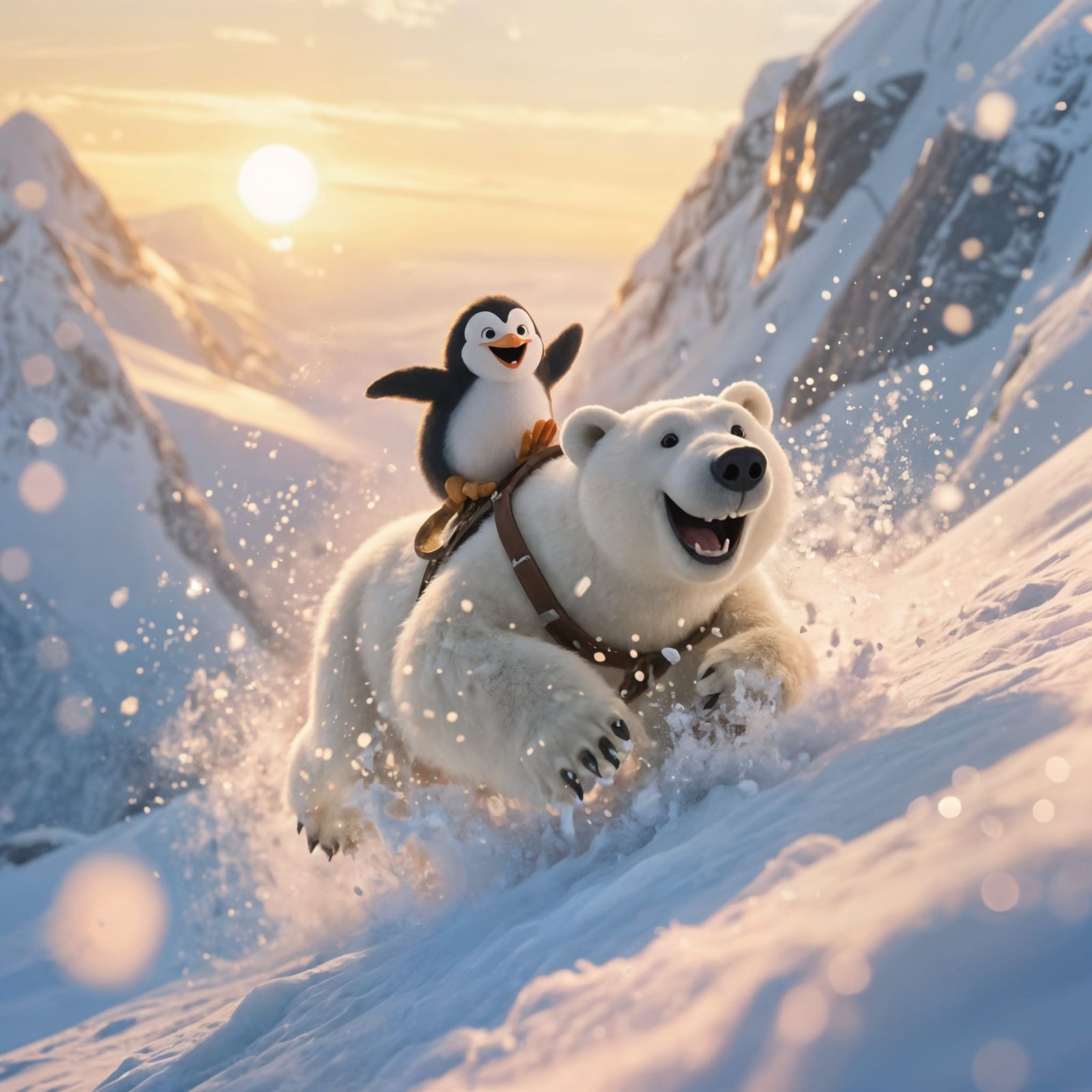 Joyful Penguin Rides Polar Bear Down Snowy Arctic Mountain