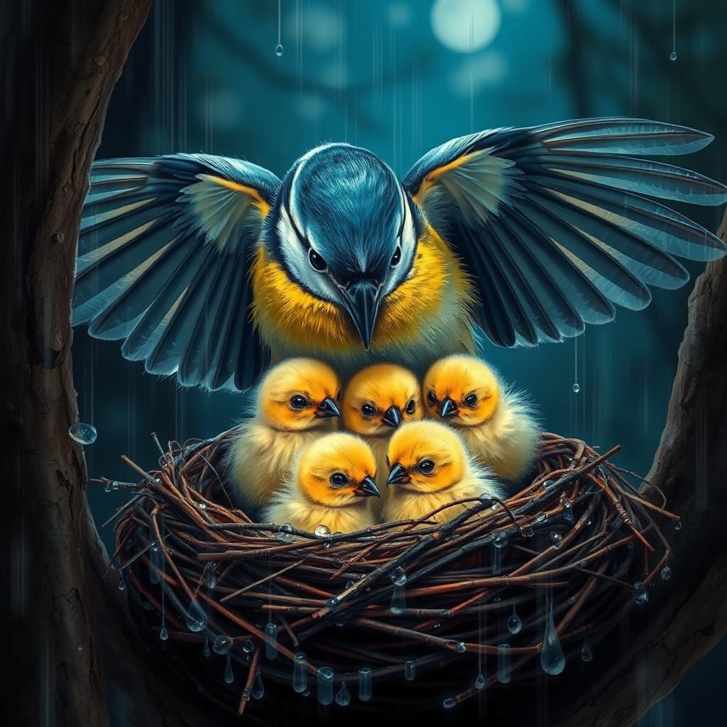 "Chicks hiding under the wings of a blue tit (correct anatomy)she has fully opened her wings and protects fluffy yellow ...